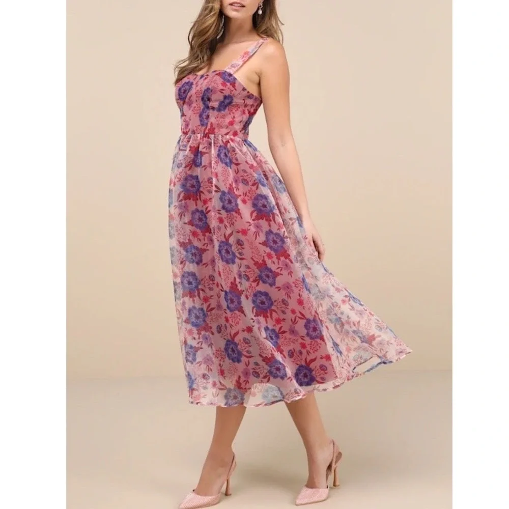 Lulus Delightful Look Magenta Floral Print Bustier‎ Midi Skater Dress Size L - Picture 3 of 14